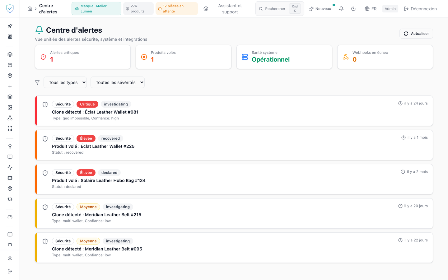 Centre d'alertes de la console, avec ses compteurs et son fil d'alertes