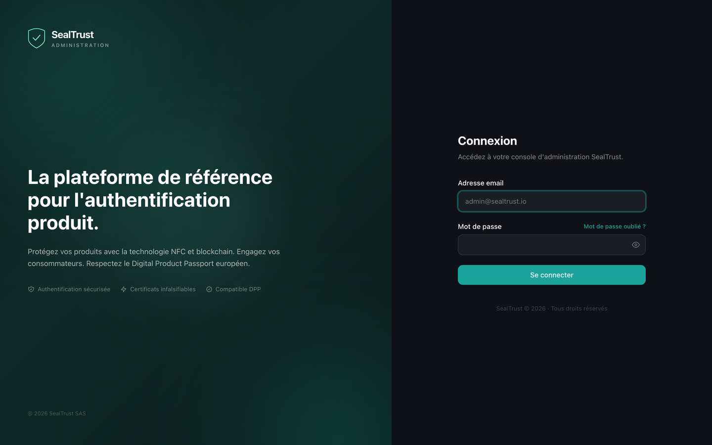 L'écran de connexion de la console d'administration