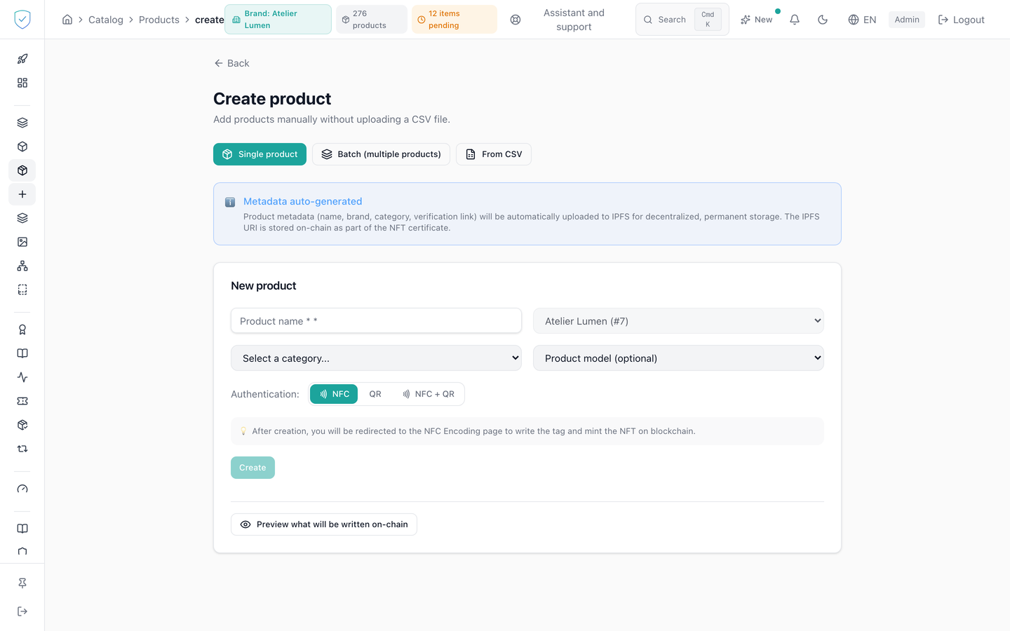 The product creation screen, with its three tabs and the authentication method selector