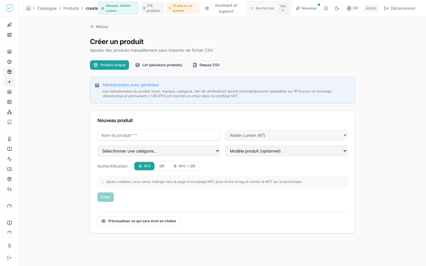 L'écran de création de produits, avec ses trois onglets et le sélecteur de méthode d'authentification
