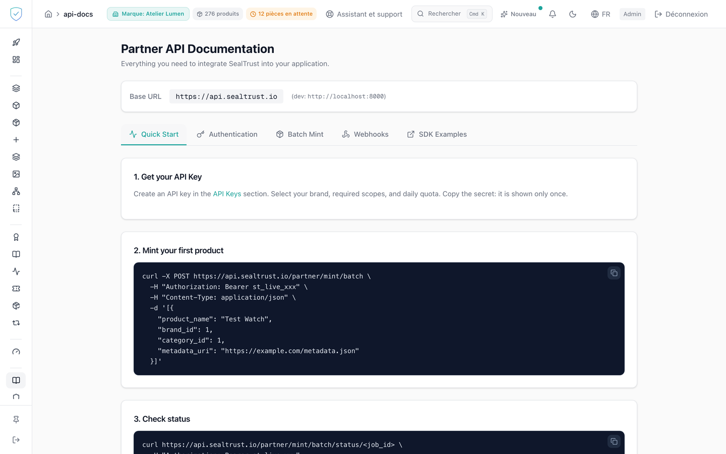 La page de documentation de l'API partenaire dans la console, avec ses onglets et ses blocs de code
