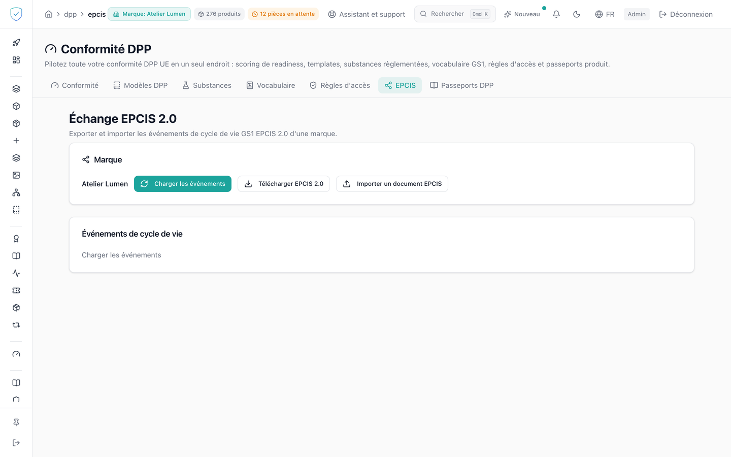 Tableau des événements de cycle de vie au format EPCIS 2.0