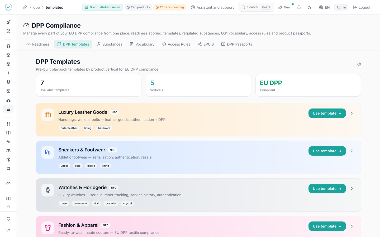 DPP template library, one card per product vertical