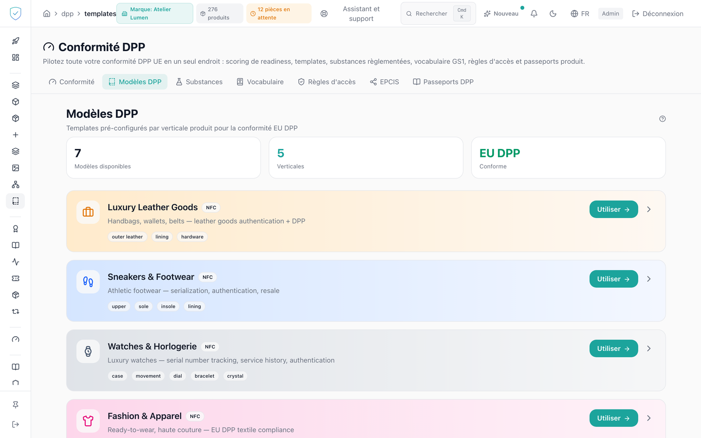 Bibliothèque de modèles DPP, une carte par verticale produit