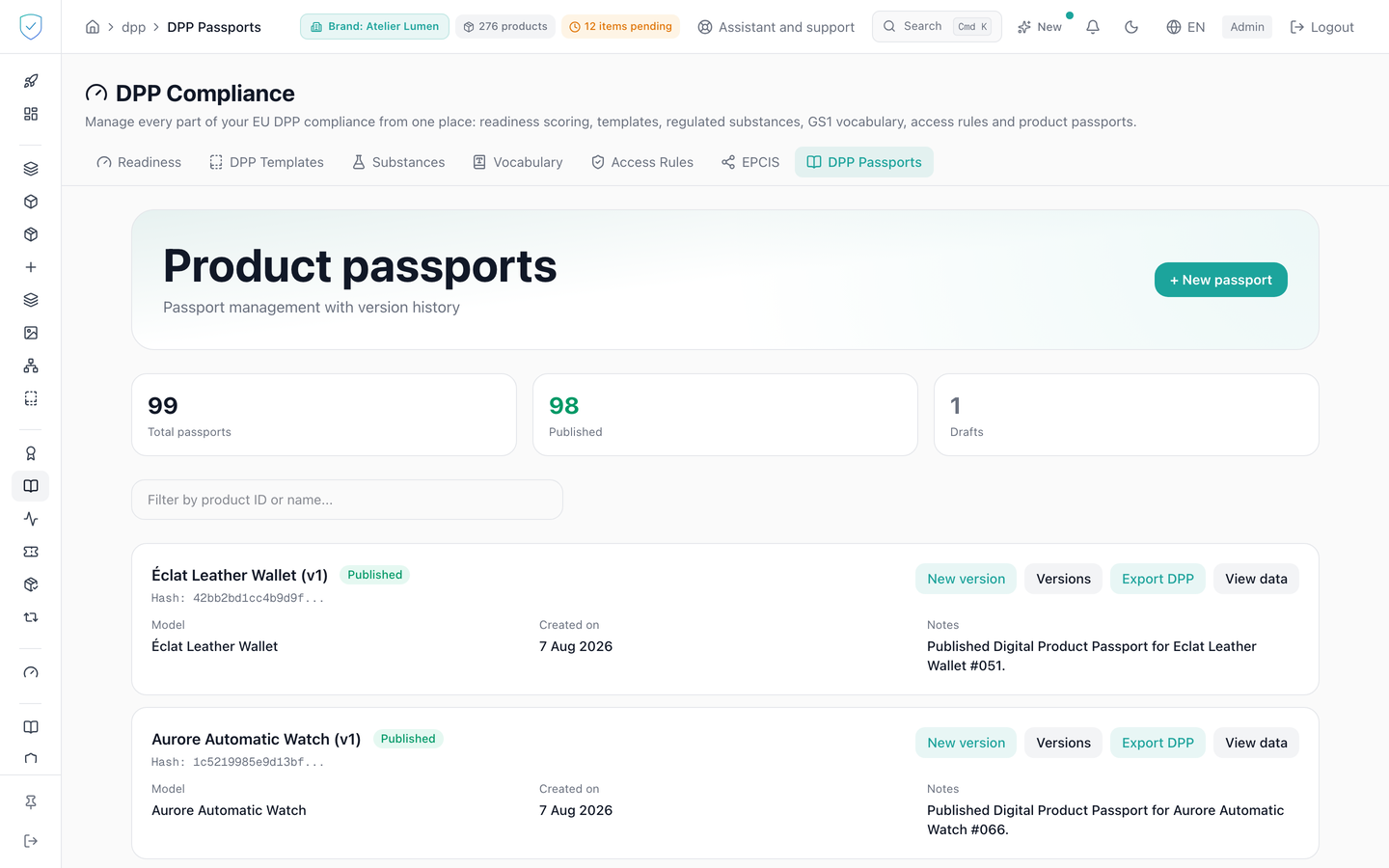 List of product passports, with their version and their state