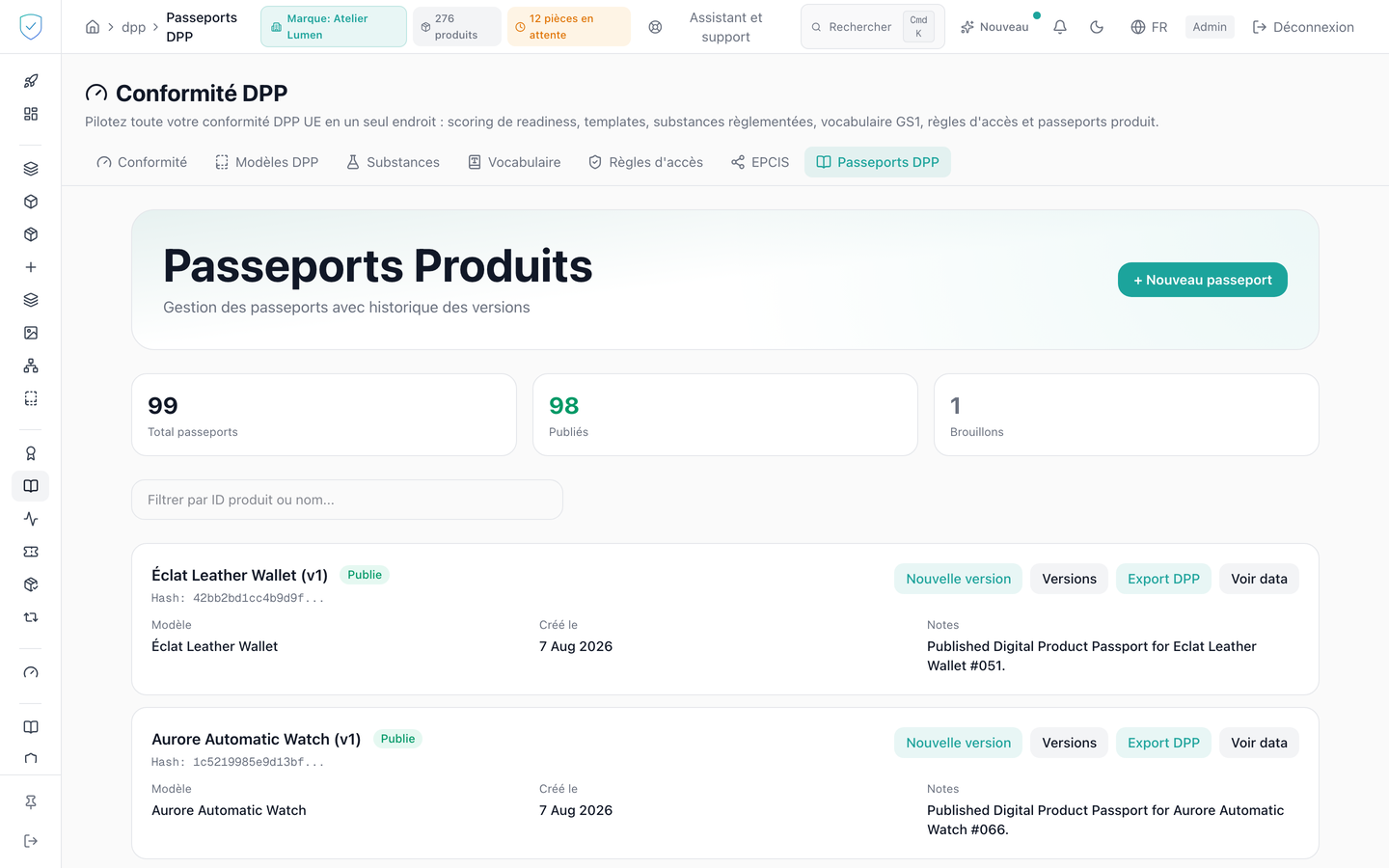 Liste des passeports produits, avec leur version et leur état