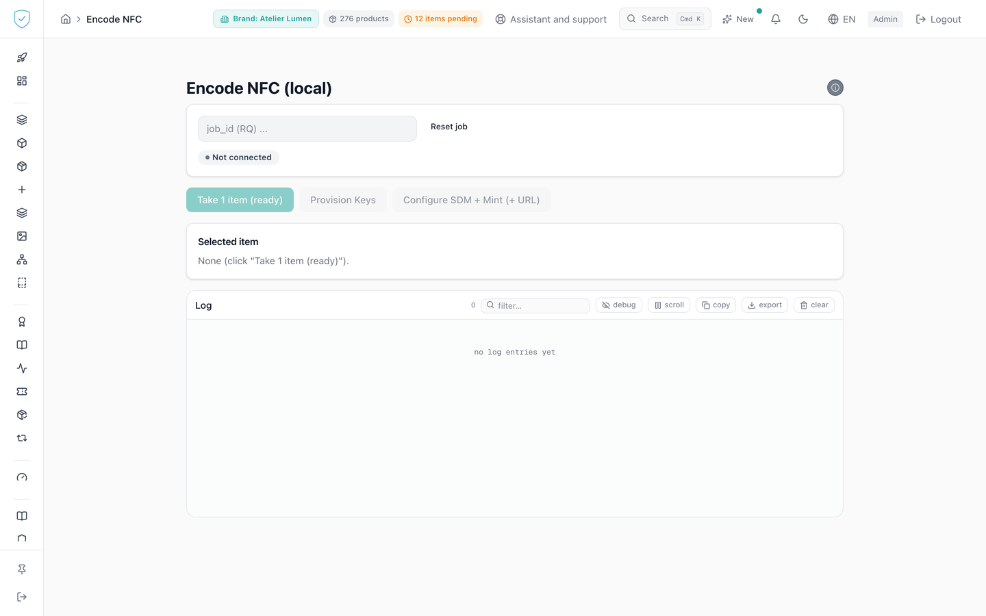 The NFC encoder screen, with the batch field, the progress counters, the selected item and the reader log