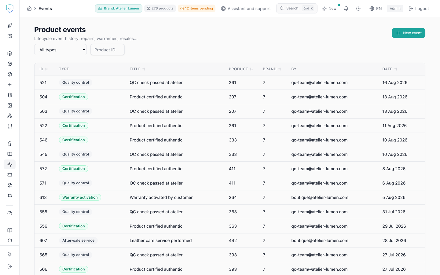 The console product events log, with its filters and its table