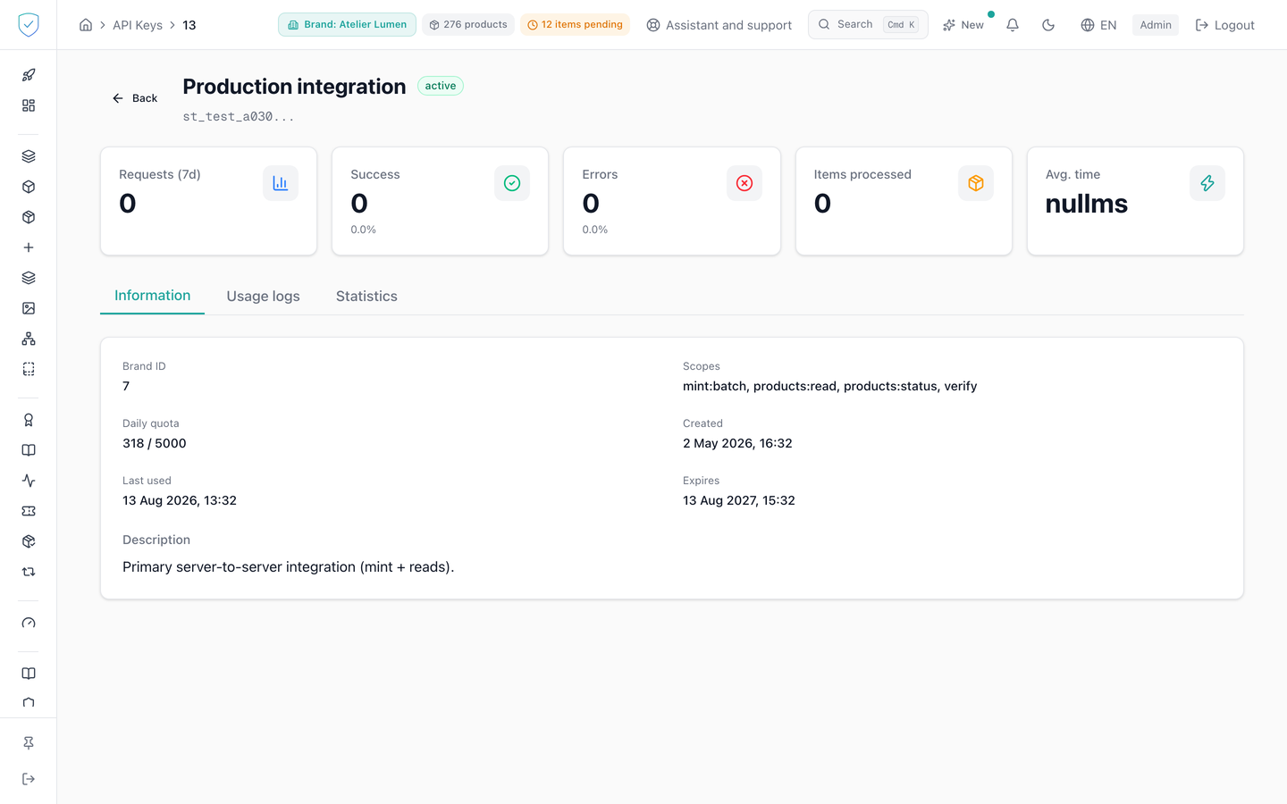 An API key detail page, with its counters and its tabs