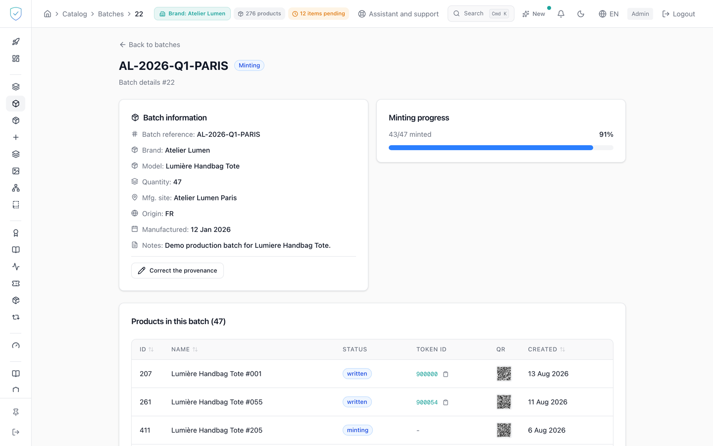 A batch detail page with its progress and its encoding jobs