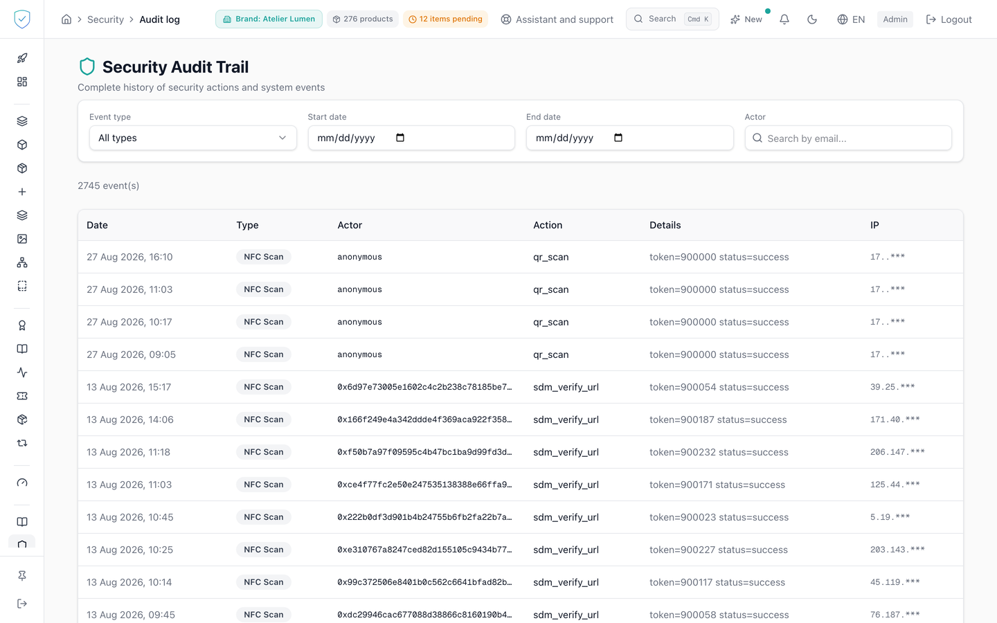 The audit log, with its filter card and its event table