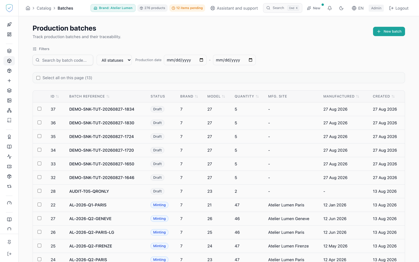 The production batch list with its filters and its selection bar