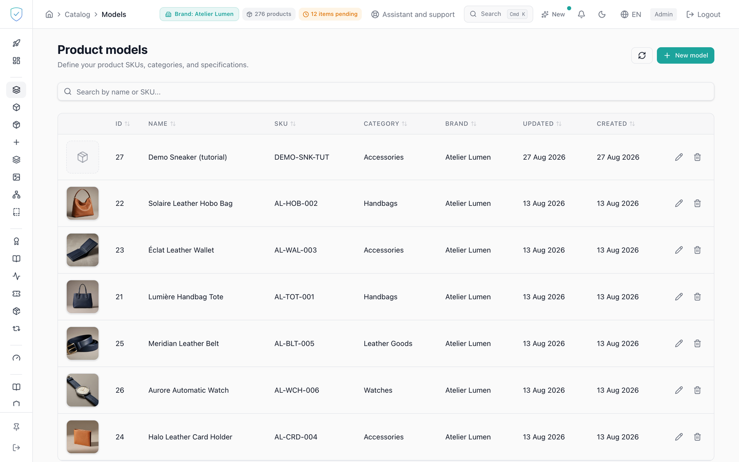 The product model list with its table and its create button