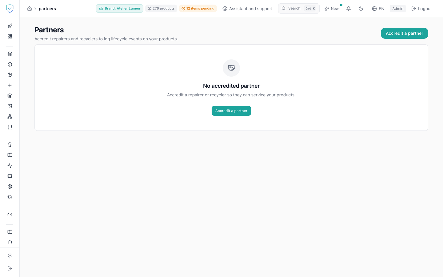 Console partners screen, with the list of accreditations and their status