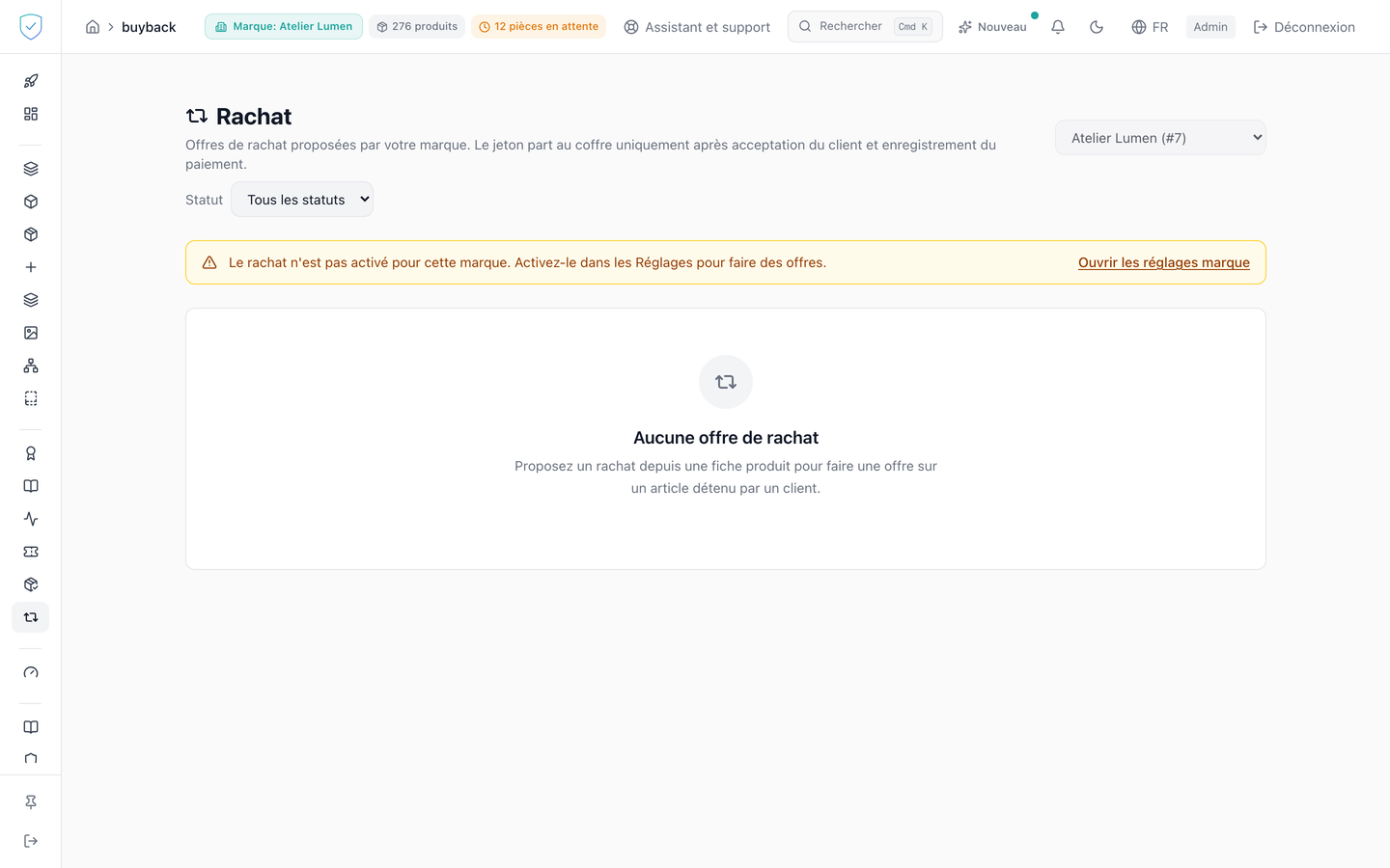 L'écran de rachat de la console, avec son filtre de statut et son tableau d'offres