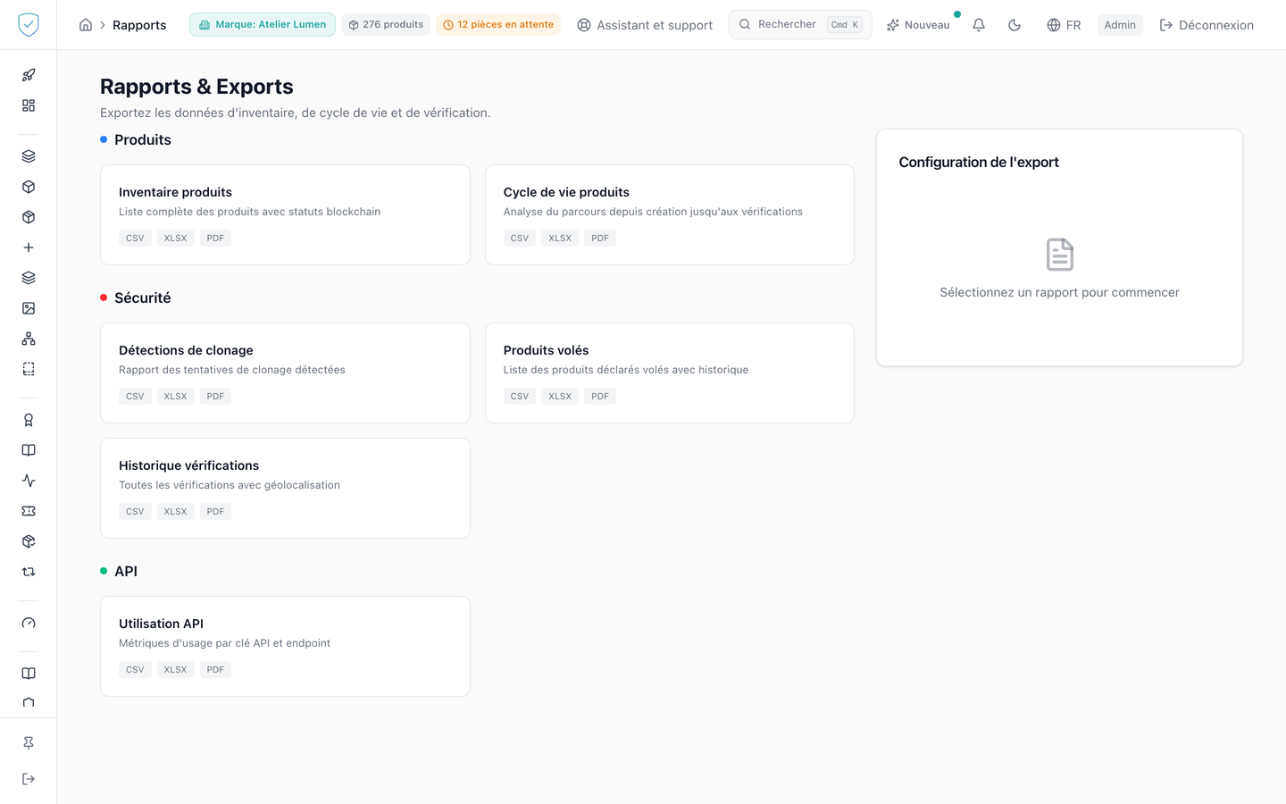 L'écran des rapports, avec ses six cartes et son panneau de configuration
