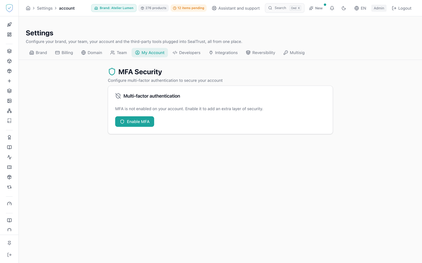 The My account tab, with the two-factor authentication setup