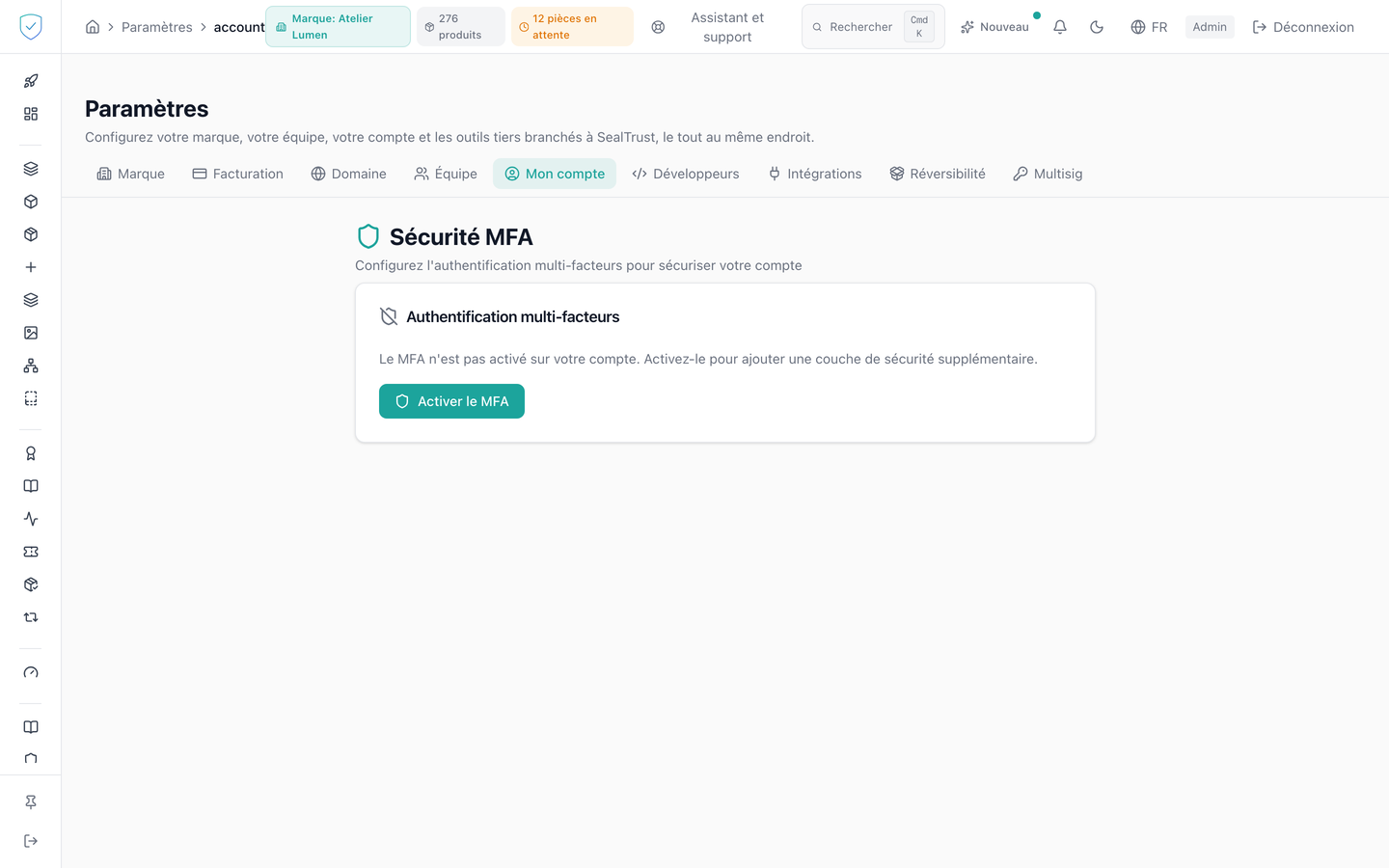 L'onglet Mon compte, avec la configuration de l'authentification à deux facteurs