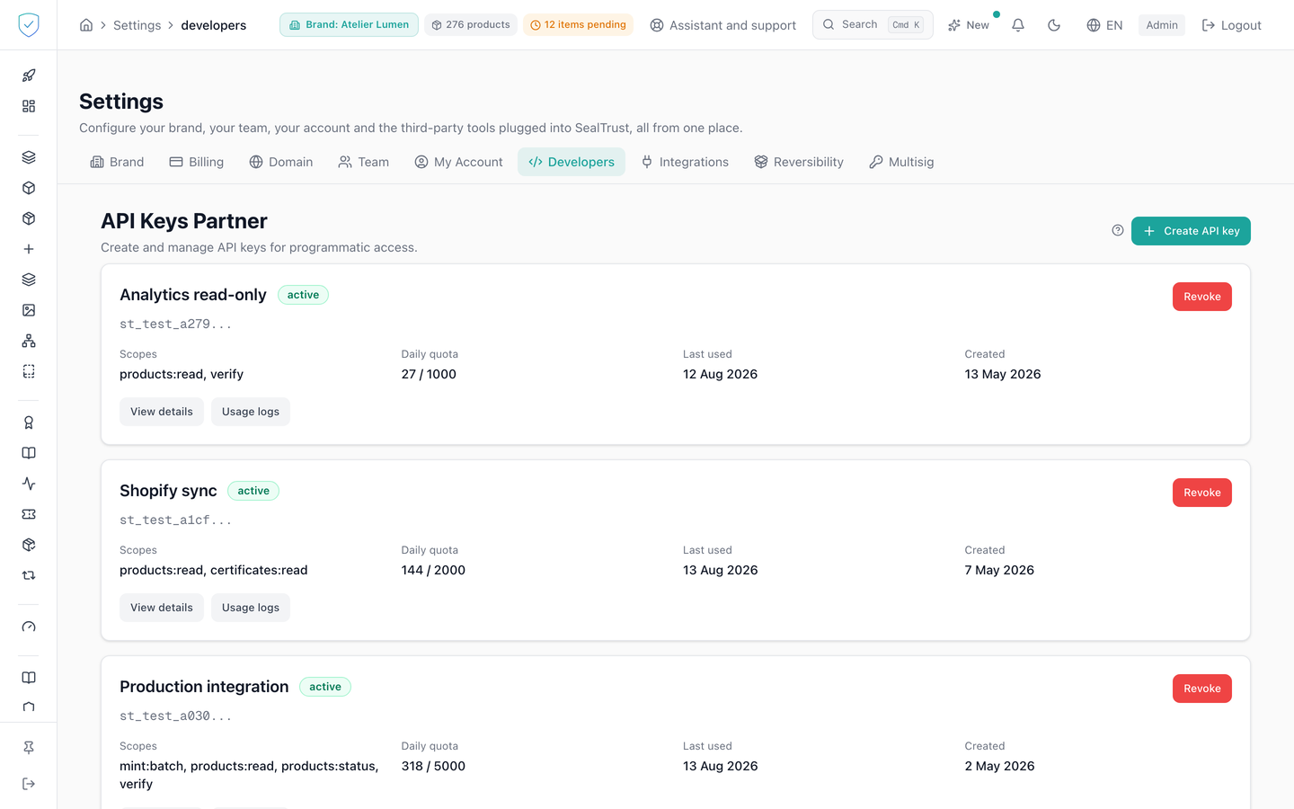 The Developers tab, with the API keys and the webhook log