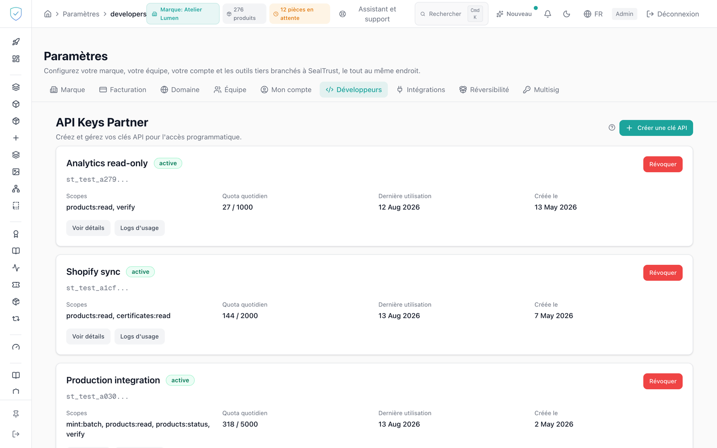 L'onglet Développeurs, avec les clés d'API et le journal des webhooks
