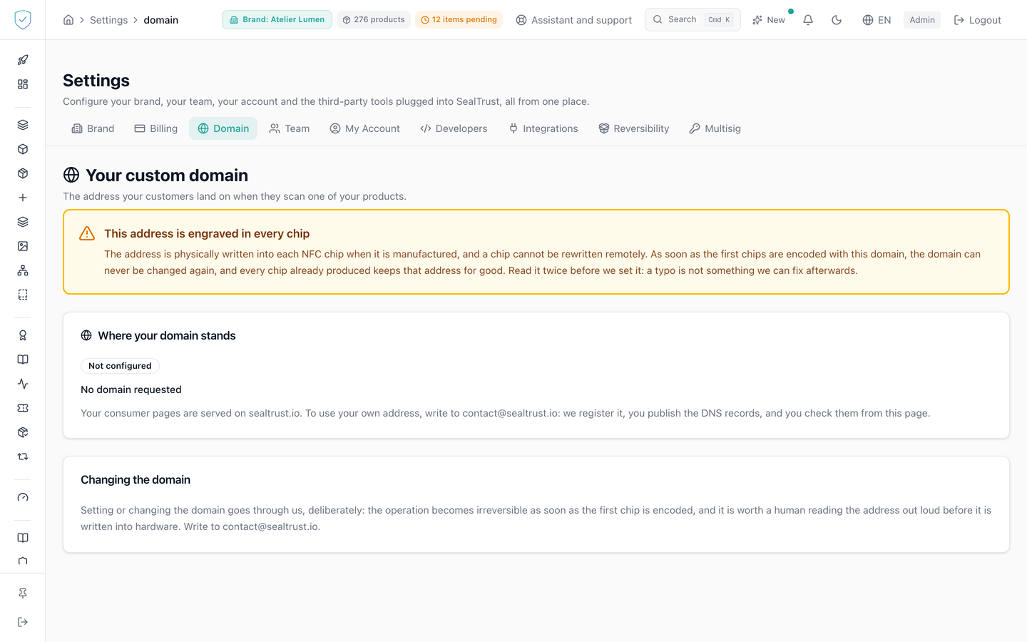The Domain tab, with the domain state and the DNS records to publish