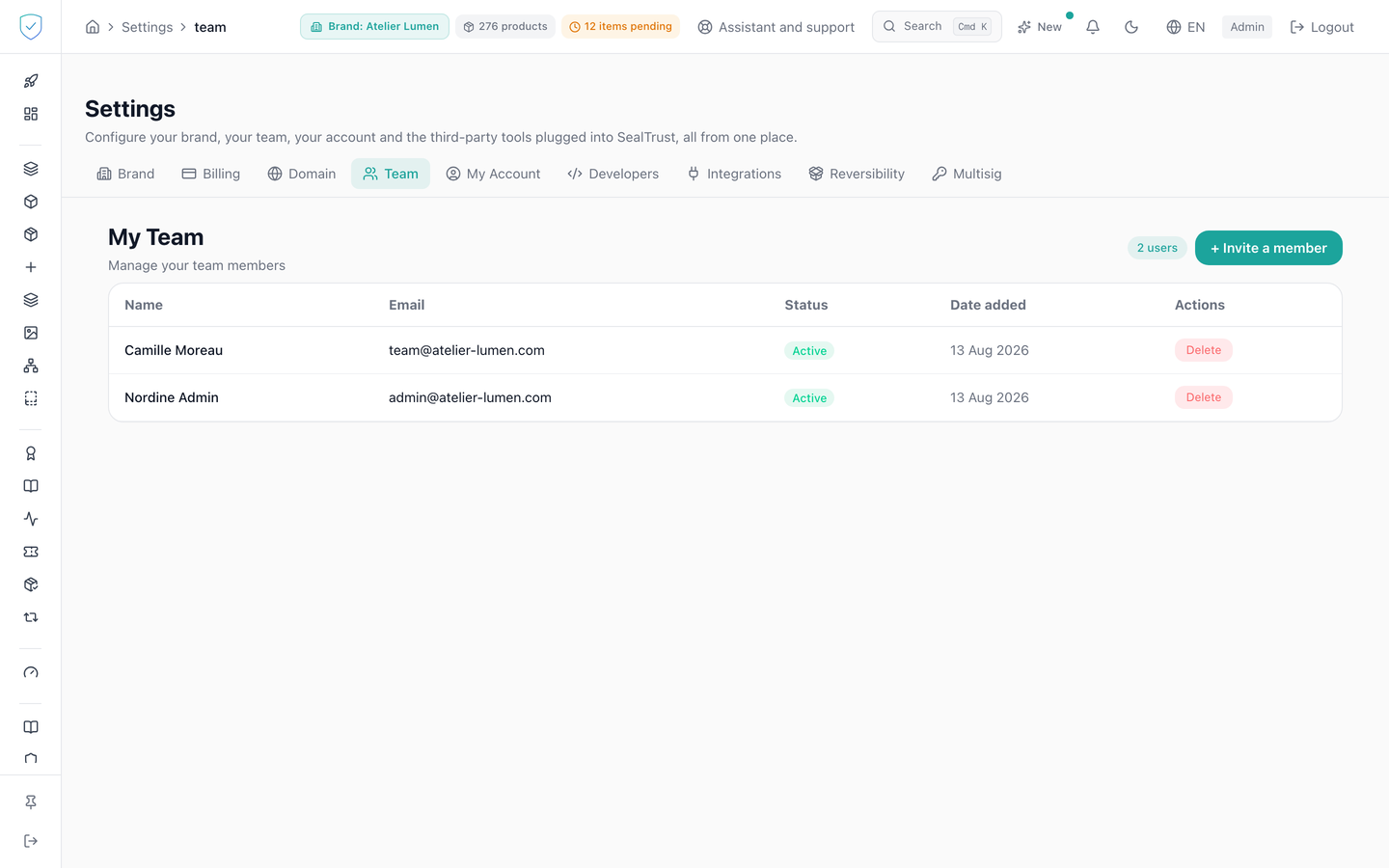 The Team tab, with the member list and the invite button