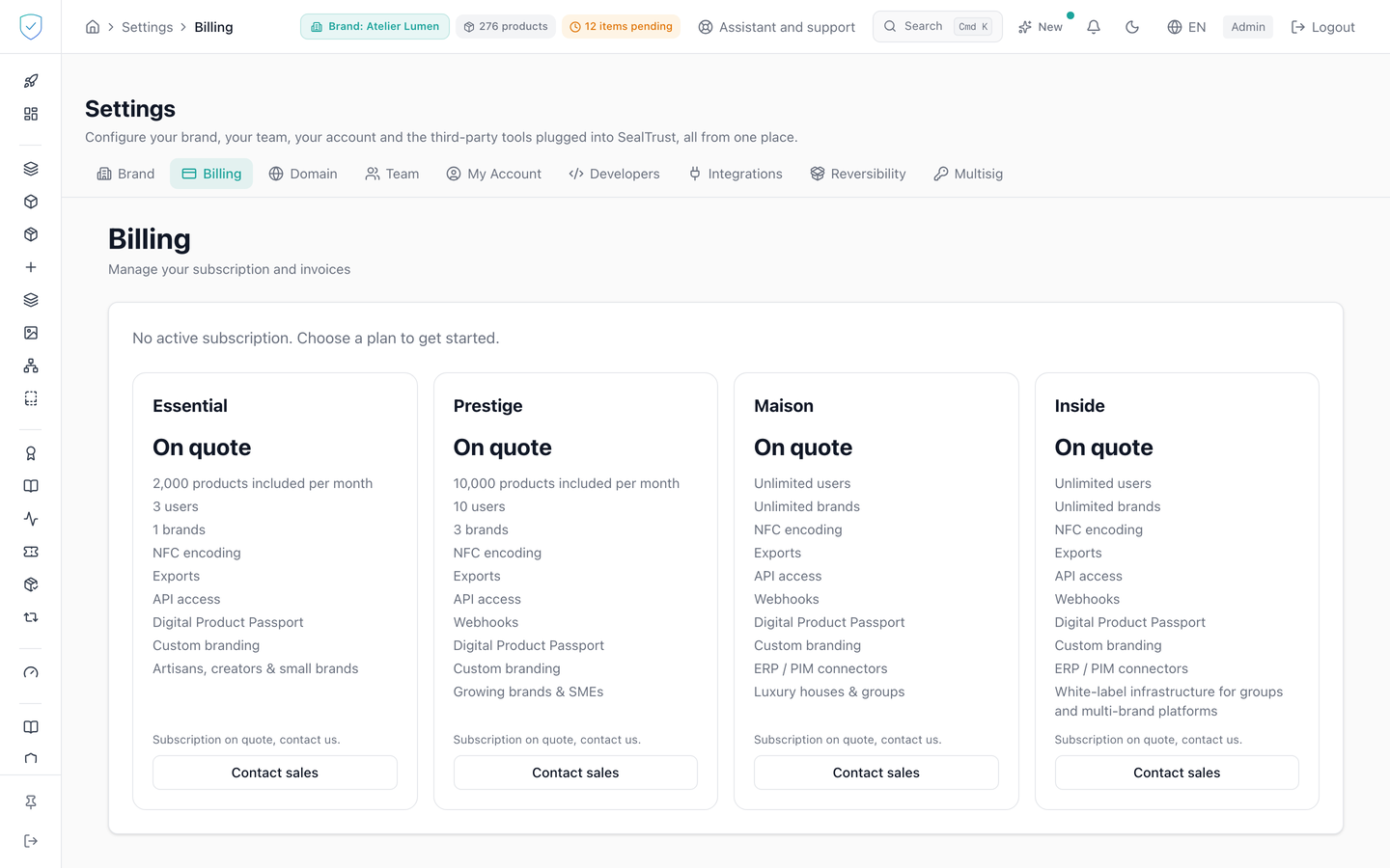 The Billing tab, with the subscription, the usage and the invoices