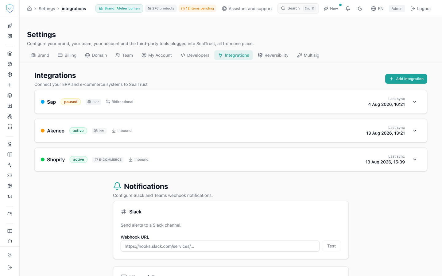 The Integrations tab, with the connector list and the notification cards