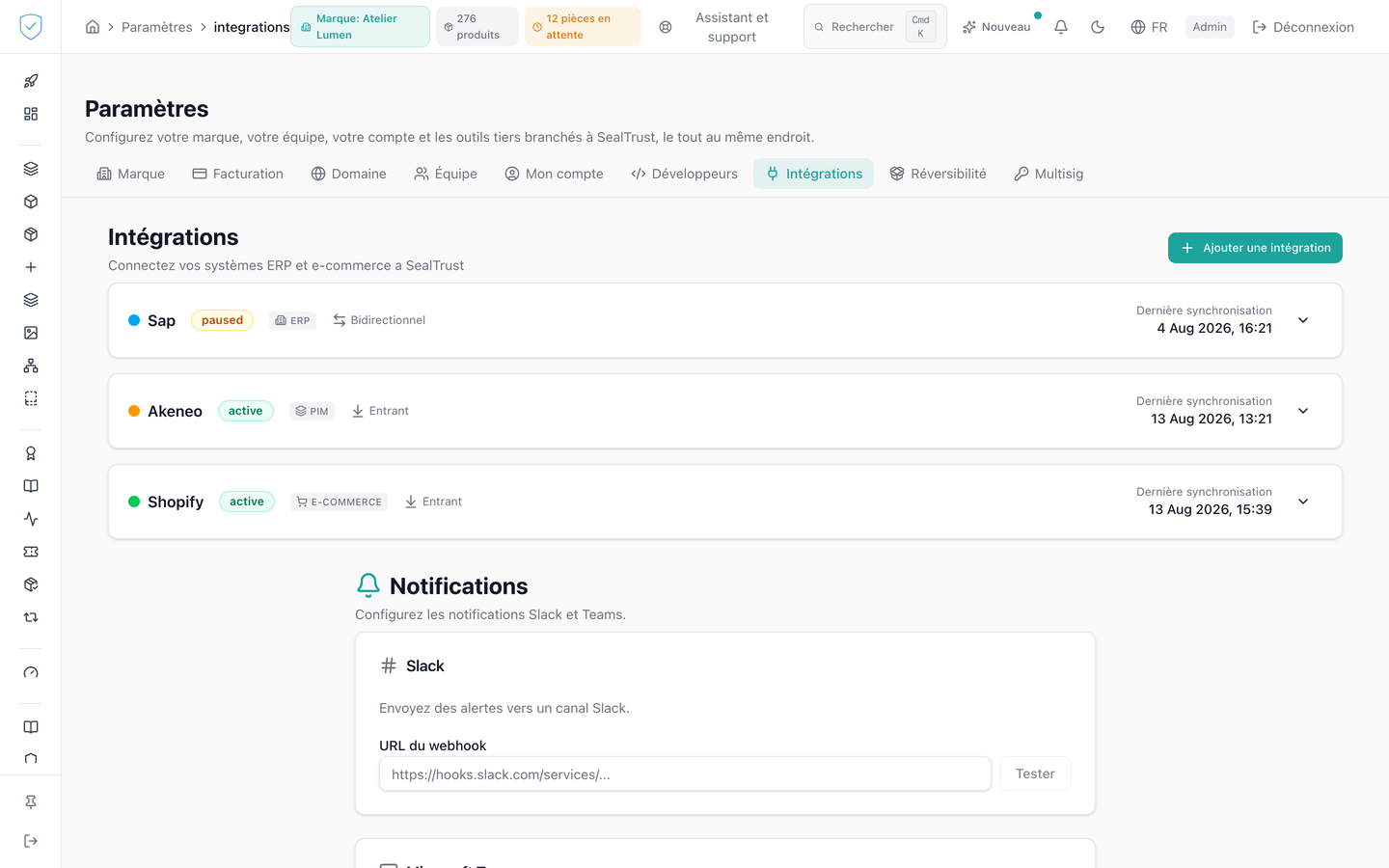 L'onglet Intégrations, avec la liste des connecteurs et les cartes de notification