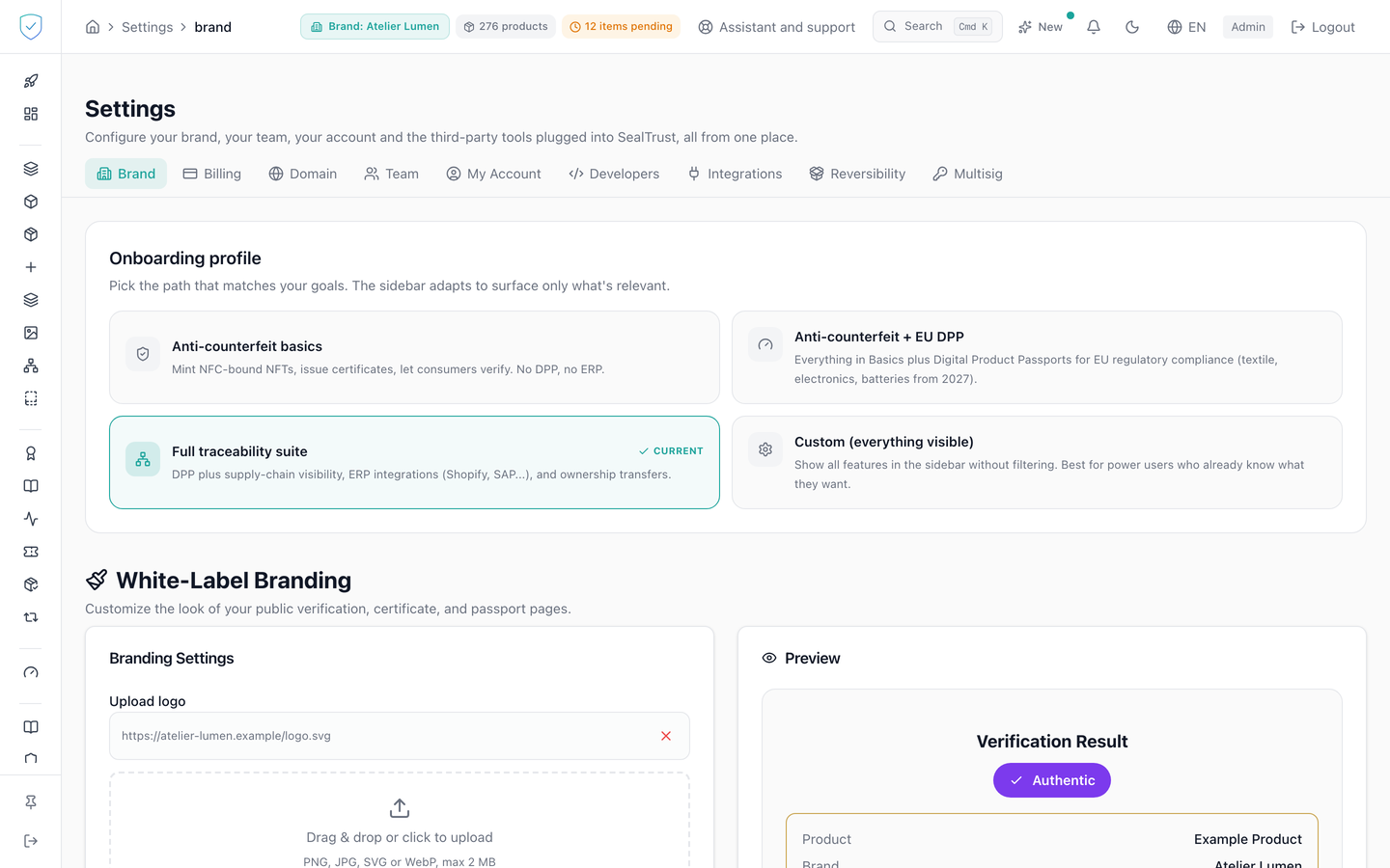 The Brand tab, with the profile choice, the customisation and the return settings