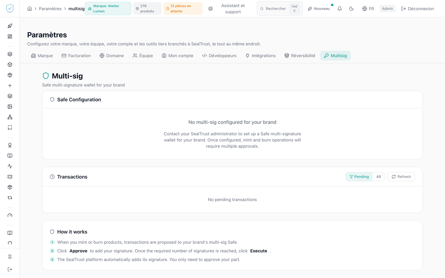 L'onglet Multi-sig, avec la configuration du coffre et le tableau des transactions