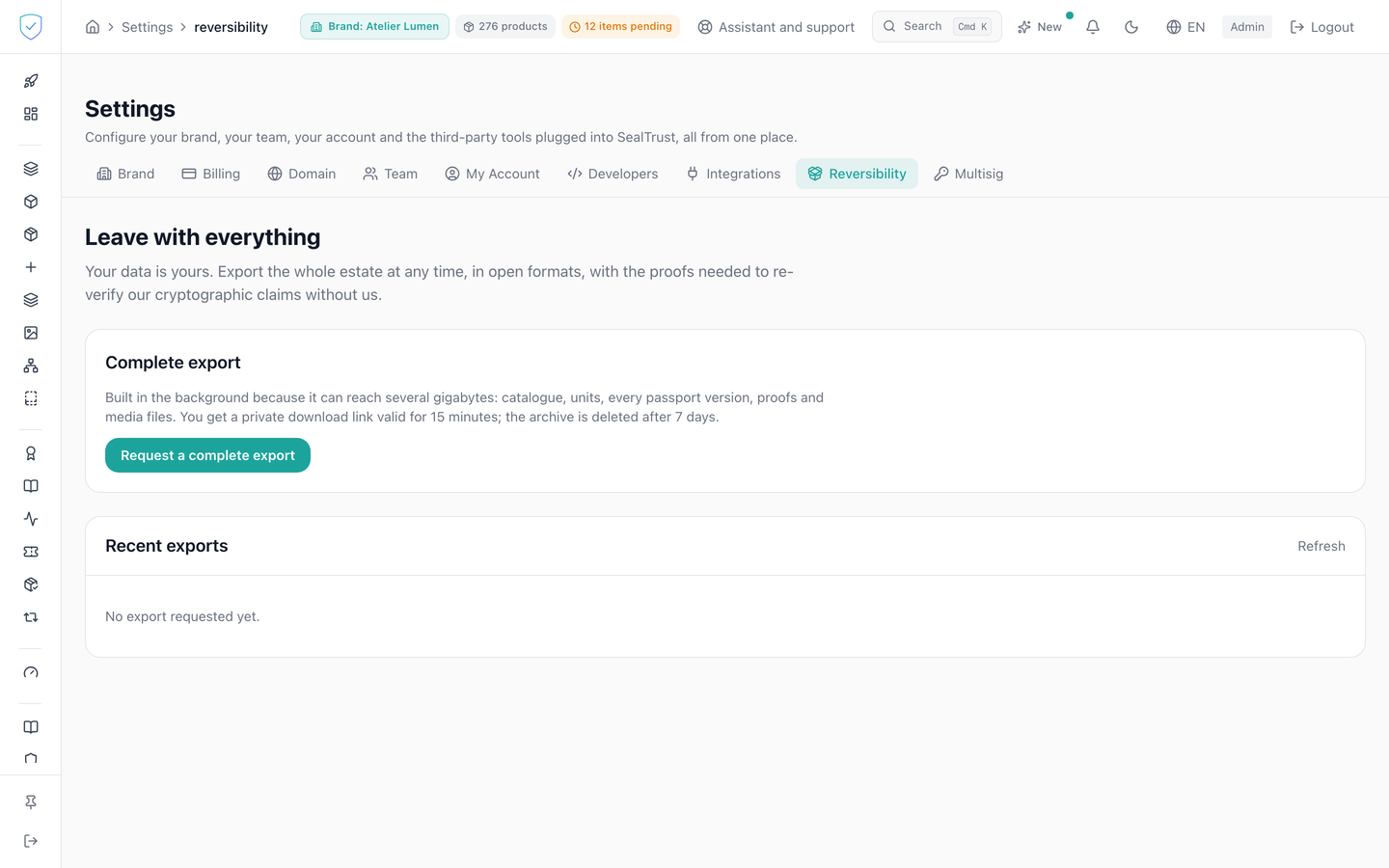 The Reversibility tab, with the request card and the recent exports table