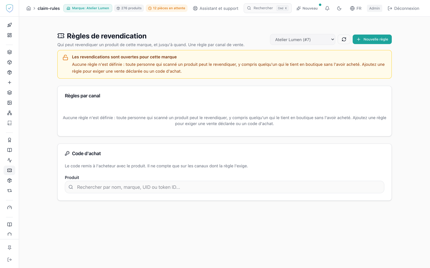 L'écran des règles de revendication de la console, avec son tableau par canal et sa carte de code d'achat