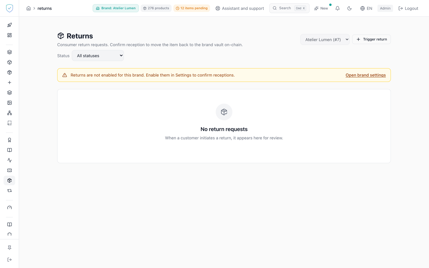The console returns screen, with its status filter and its table of requests