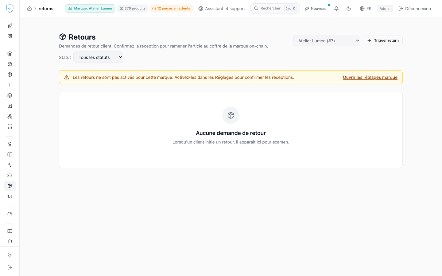 L'écran des retours de la console, avec son filtre de statut et son tableau de demandes