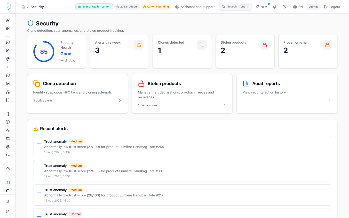 The security dashboard, with its health score, counters and recent alerts