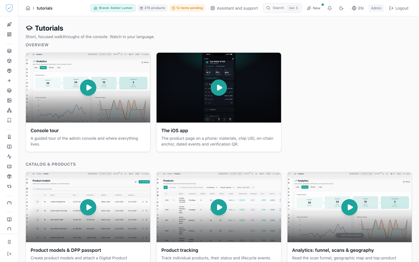 The tutorial hub, with the thumbnails sorted by category