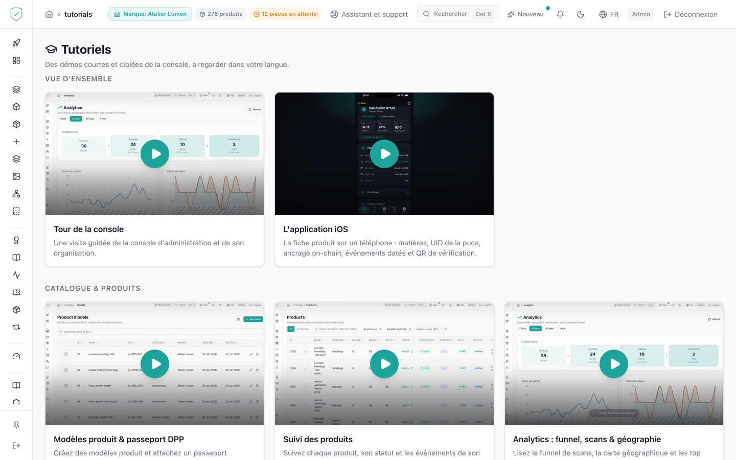 Le centre de tutoriels, avec les vignettes rangées par catégorie